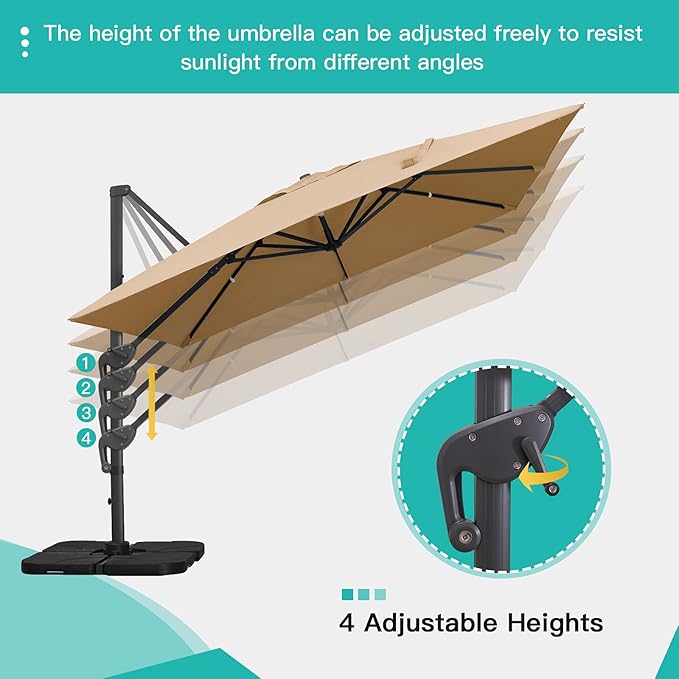 Sunnyglade 10x10Ft Cantilever Patio Umbrella Square Deluxe Offset Umbrella 360°Rotation & Integrated Tilting System Heavy Duty Patio Hanging Umbrella for Market Garden Deck Pool Backyard Patio (Tan)