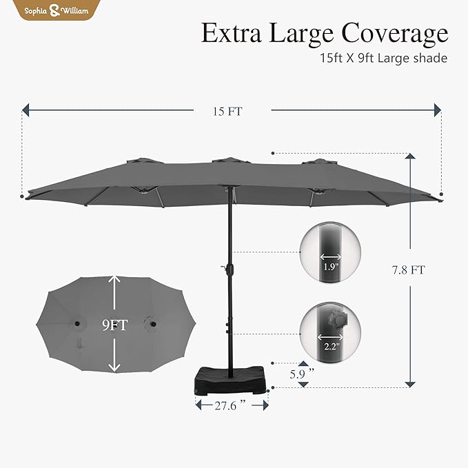 Sophia & William 15 ft Extra Large Patio Umbrella with Base Included, Rectangular Outdoor Umbrella Heavy Duty, Market Umbrella Double-sided Fade Resistant for Pool Garden Backyard, Smoky Gray