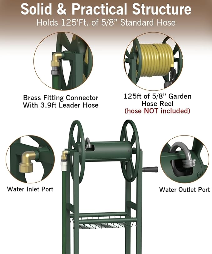 Garbuildman Ground Mount Garden Hose Reel Holds 125 Feet of 5/8-Inch with 3.9 ft Leader Hose, Brass Fitting, Water Hose Holder Stand with Storage Rack & 4 Spikes Base for Outdoor Lawn, Green