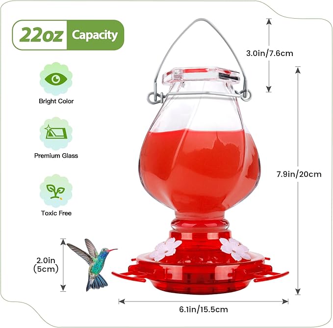 Hummingbird Feeder, BOLITE Glass Hummingbird Feeders for Outdoors Hanging, with Ant Moat and 4 Bee Guard Feeding Ports, 22oz, Leak Proof, Clear & Red