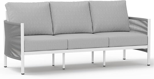 Aluminum Outdoor Patio Couch, 3 Seats HDPE Rope Patio Sofa with Washable Thick Cushion, All-Weather Patio Furniture for Balcony, Yard, White Frame, White