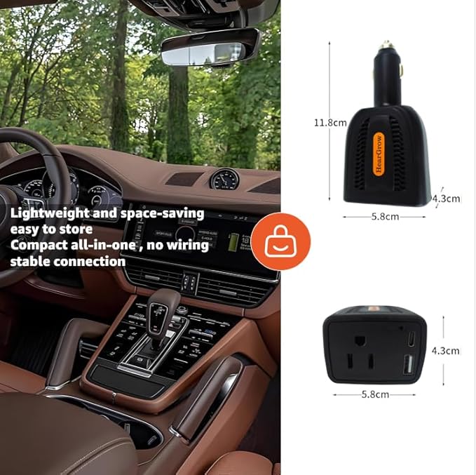 HearGrow100w Car Power Inverter, 12V DC to 110V AC Vehicles Converter with USB Ports，Plug Adapter Outlet and Fast Charging PD3.0 Type-C for Phones, Pads, Laptops and Computer Charger