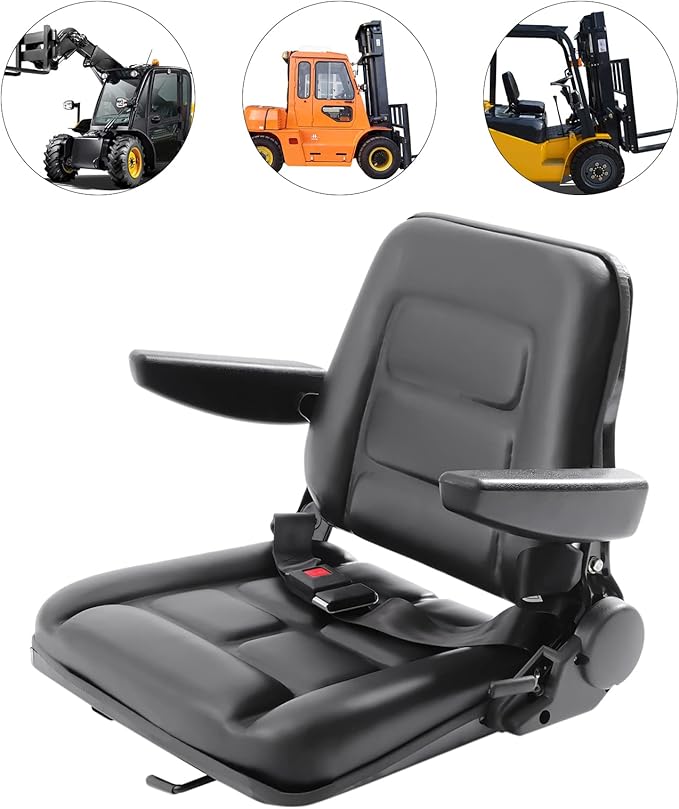 Lawn Mower Seat, Garden Tractor Seat, Tractor Suspension Seat, PVC Tractor Seats Universal Fold Down Forklift Seat with Adjustable Angle Back, Armrest and Safety Belt