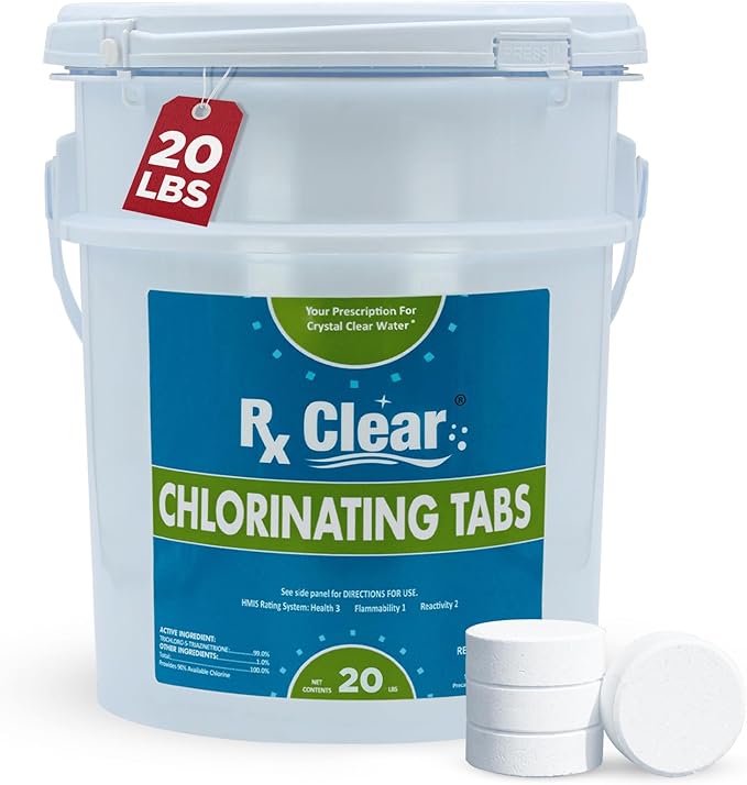 Rx Clear 3" Inch Chlorine Tabs | 20 Pounds | Individual Stabilized Chlorinating Tablets for Sanitizing Swimming Pools | Long Lasting, Slow Dissolving, and UV Protected
