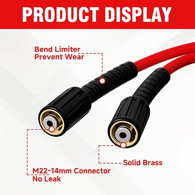 1/4"*50FT Pressure Washer Hose,Kink-Free with M22-14mm Stainless Steel Thread Power Washer Hose,Stainless Steel Adapter Set(5-piece),Suitable for Ryobi,Troy Bilt,Greenworks,Simpson（3600PSI)