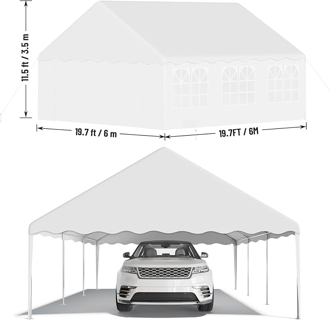 20'X20' Party Tent with Removable Sidewall Windows, Outdoor Heavy Duty Wedding Gazebo, Event Shelter Wedding Canopy Tent for Parties Carport BBQ, White & Wave Edge