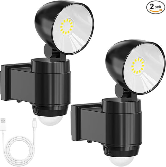 AIXPI Battery Operated Powered Motion Sensor Lights Outdoor 800LM 6000 mAh, Rechargeable LED Flood Light Spotlight for Garage, Yard, Porch 2Pack