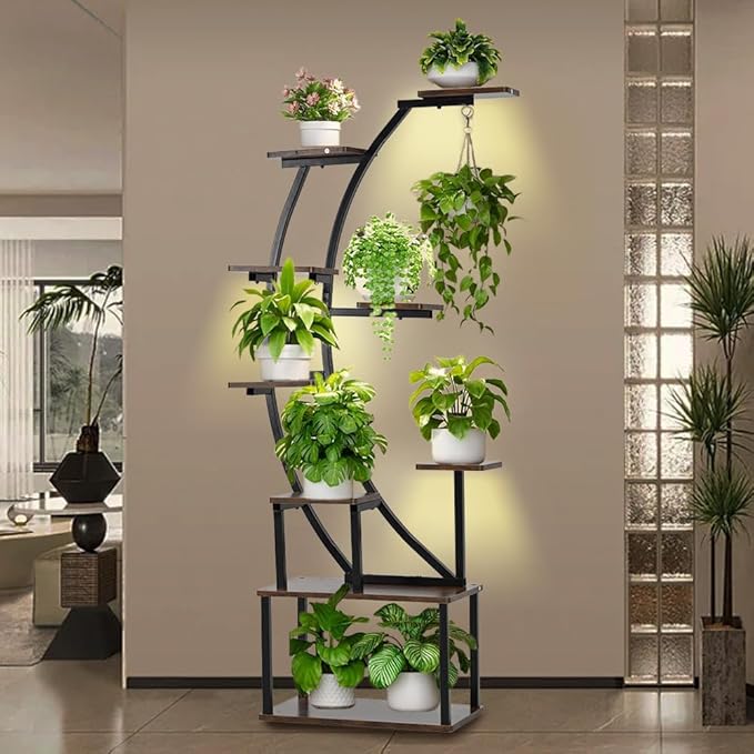 VINCIGANT Black Metal Plant Stand with Grow Light, 9 Tiered Shelf, 60" Corner Plant Holder for Living Room, Home, Patio, Balcony
