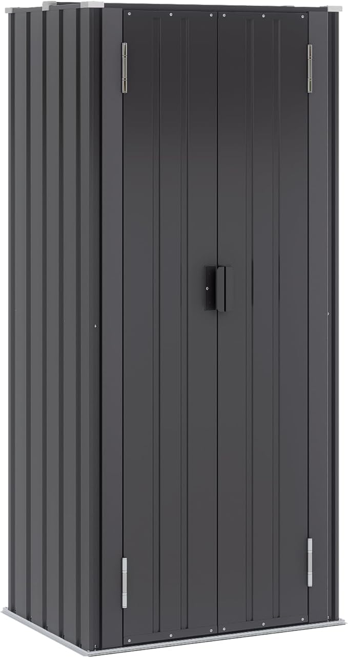 Greesum 69'' Metal Storage Shed, 28 Cuft Storaged Cabinet with Lockable Door, Vertical Tool Organization Cabinets with 2 Adjustable Shelves, for Home, Backyard, Patio, Garage, Lawn, Black