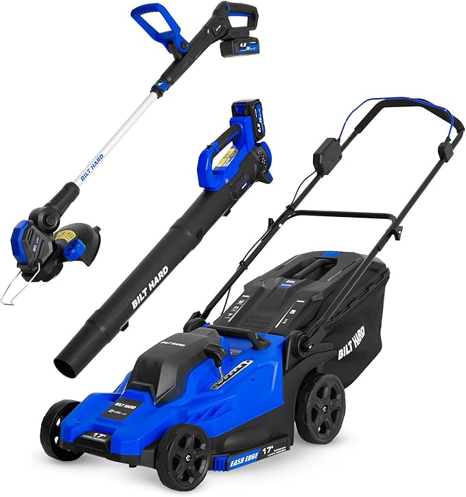 BILT HARD 17'' 40V Cordless Push Lawn Mower, 12'' String Trimmer and Leaf Blower Combo Set, Electric Lawn Mower Set with 3 x 4.0Ah Batteries and Dual Charger