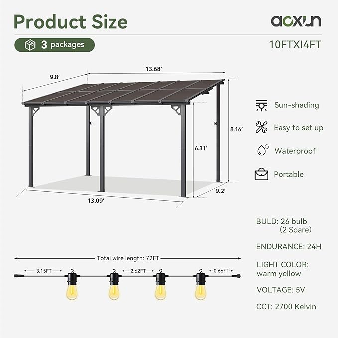 Aoxun 10’ x 14’ Gazebo, Wall Mounted Gazebos Pergola, Outdoor Patio, Large Wall-Mounted Heavy Duty Awnings for Patio, and LED Outdoor Waterproof Hanging Lights for Decks, Backyard