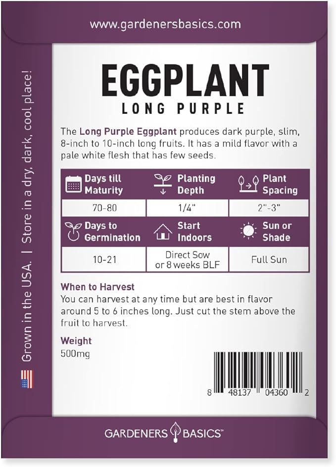 Gardeners Basics, Eggplant Seeds for Planting - (Long Purple) is A Great Heirloom, Non-GMO Vegetable Variety- 500 mg Seeds Great for Outdoor Spring, Winter and Fall Gardening
