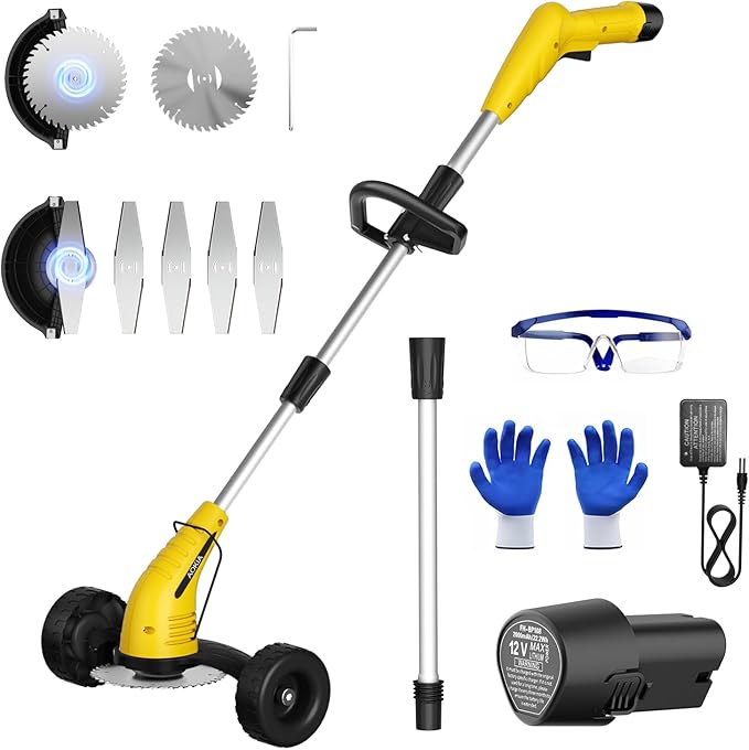 Electric Weed Wacker Cordless： String Trimmer with Roller 2Types Blades - 2.0Ah 12V Battery Powered Lightweight Grass Cutter/Mower for Yard and Garden, Yellow