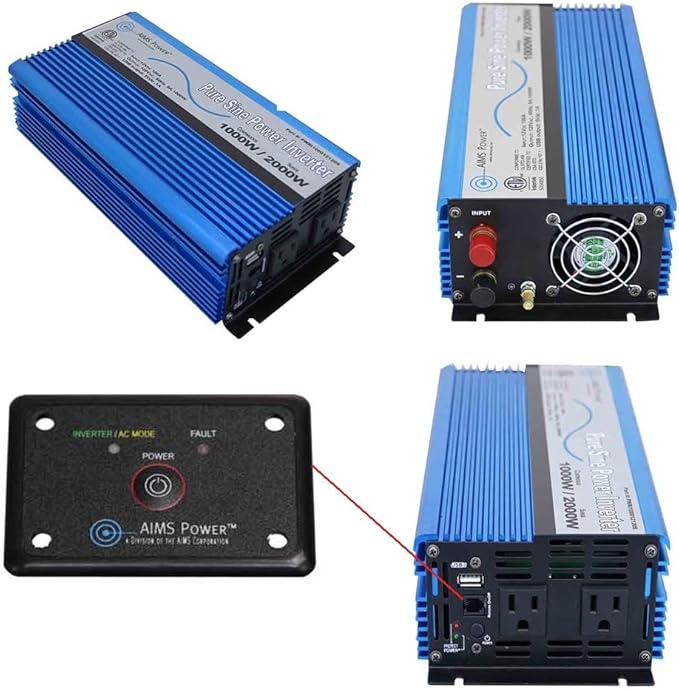 AIMS Power 1000 Watt / 2000 Watt Peak Pure Sine Power Inverter 12 Volt DC to 120 Volt AC ETL Listed with Remote