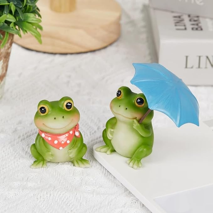 Frog Figurine with Umbrella, Decorative Outdoor Statue Set of 2,Collection Miniature Fairy Garden Home,Garden, Indoor Outdoor Decoration (A Pair of Frogs)