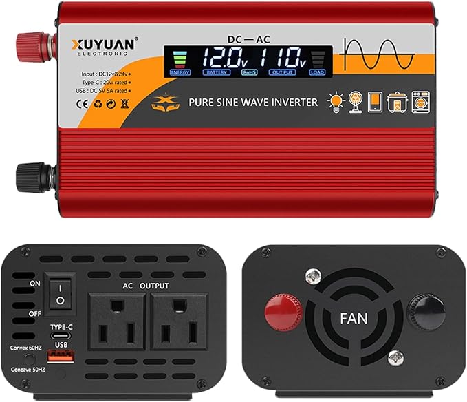 500W Pure Sine Wave Inverter (1000W Peak), 12V/24V Auto-Detect, 50Hz/60Hz Switchable, LCD Display, Type-C Fast Charging, Silent Design, Overload & Overheat Protection for RV, Home (RED-500W)