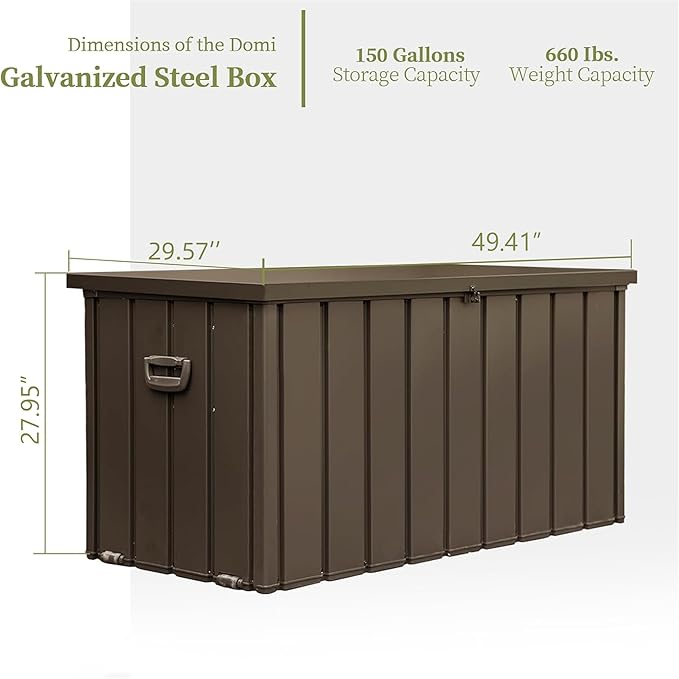 LANTRO JS 150 Gallon Metal Deck Box, Outdoor Storage Box Waterproof with Wheels, Lockable Storage Container for Patio Furniture Cushions Garden Tools, Dark Brown