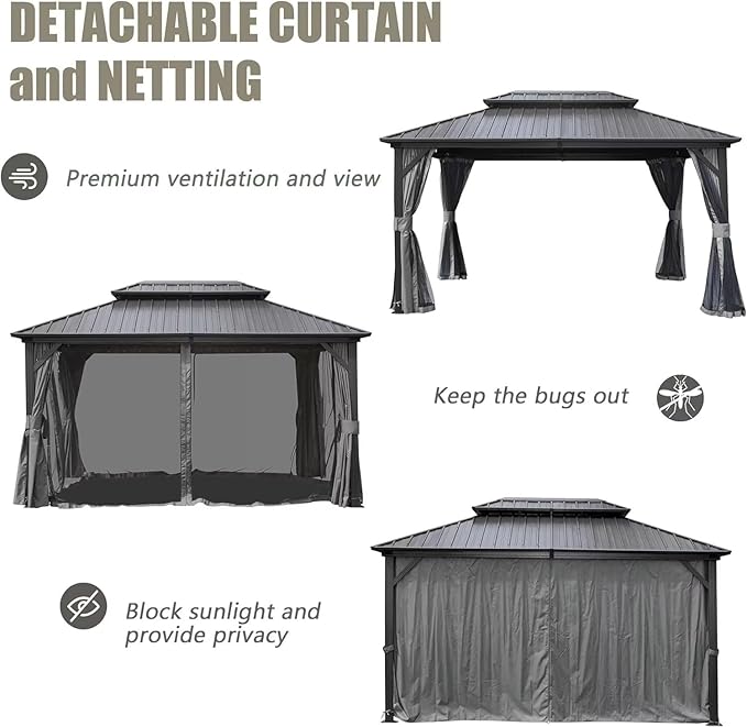 Domi 10’ X 14’ Hardtop Gazebo Canopy with Netting & Curtains, Outdoor Metal Gazebo with Galvanized Steel Double Roof for Patio Lawn and Garden, Gray