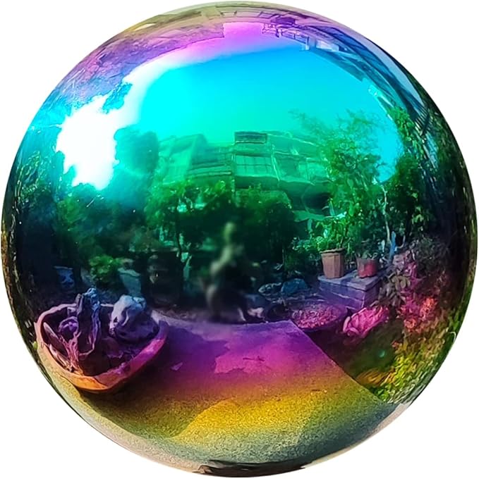 25cm/10 inch Garden Sphere Mirror Gazing Ball,Rainbow Stainless Steel Polished Reflective Smooth Hollow Globe Ball,Durable Colorful and Shiny Decorations Addition to Garden Patio Yard Home