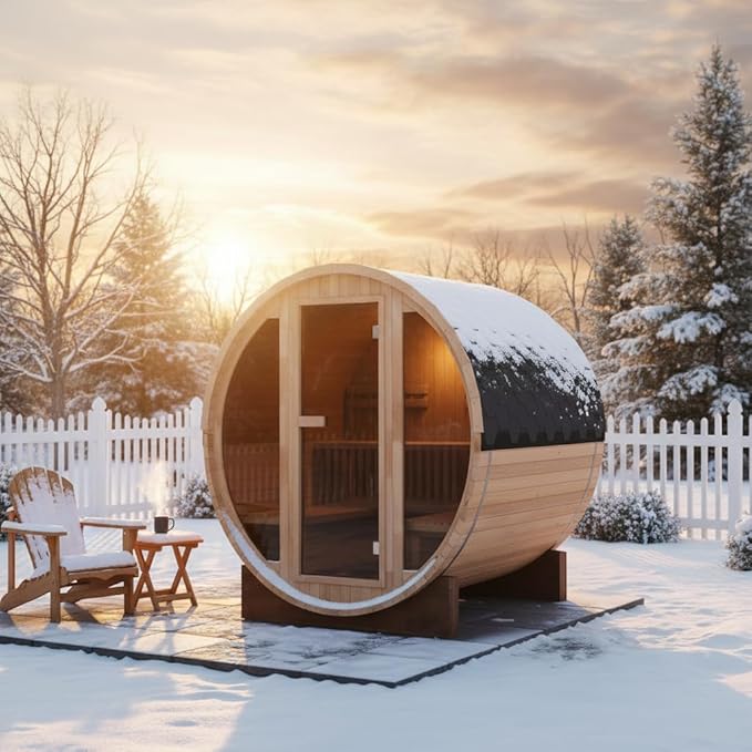 Outdoor Wooden Full Glass Door Barrel Sauna, 4 Person Sauna Room 220V， 6kw ETL Electric Heater， Accessories and Asphalt Shingle Roof (Cedar) (Cedar, 1)