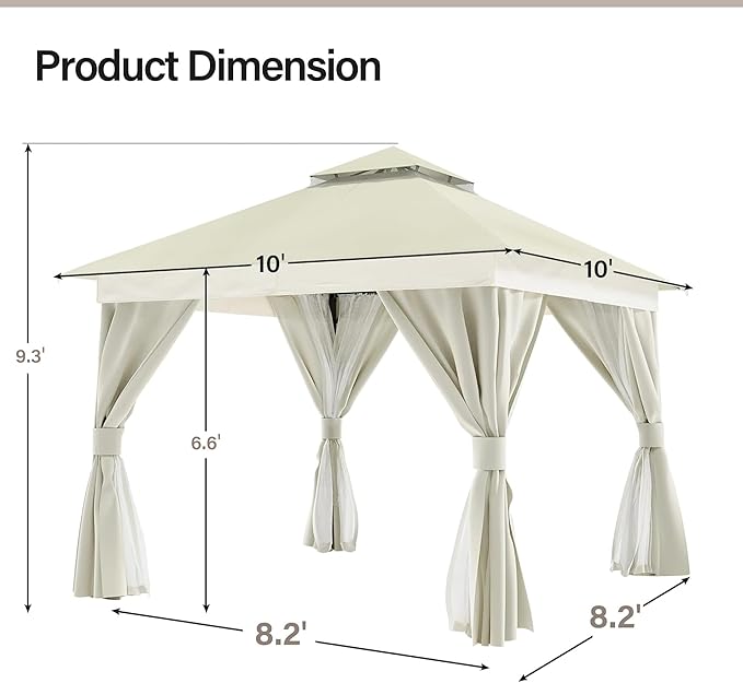 LAUSAINT HOME Outdoor Patio Gazebo 10'x10' with Expansion Bolts, Heavy Duty Gazebos Shelter Party Tent with Double Roofs, Mosquito Nettings and Privacy Screens for Backyard, Garden, Lawn, Cream White