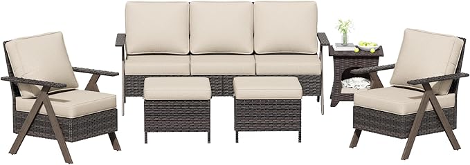6 Piece Patio Furniture Set, Wicker Patio Conversation Set with Patio Chair and Outdoor 3-Seater Sofa and 2 Ottomans and Side Table for Deck Yard and Poolside