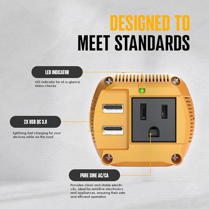 K KRIËGER 150 Watt Pure Sine Wave Power Inverter, 12V Car Charger with Plug Outlet, Inverter with Dual USB Ports (Quick Charge 3.0), AC Outlet & DC Cord Included - ETL Approved Under UL STD 458