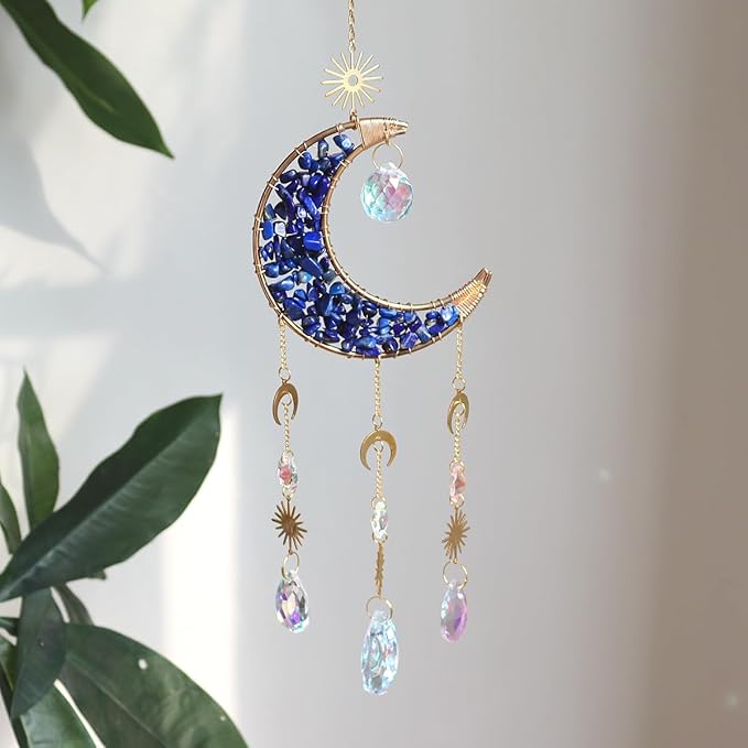 Moon Suncatcher Hanging Decor, Boho Chic Lapis Lazuli Crystal Sun Catcher, Spritual Sun Light Catcher for Windows, Blue Crescent Moon Housewarming Gift (Lapis Lazuli)