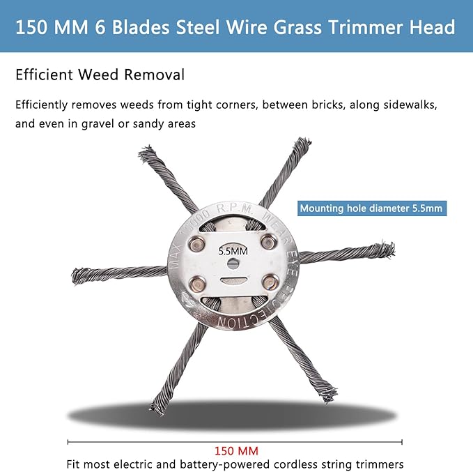 Steel Wire Grass Trimmer Head, 6 Inches Universal Steel Wire Brush Cutter Trimmer Blade for Weed Eater, Metal Wire Trimmer Head, String Trimmer Replacement Head for Lawn Care, Garden, Parking Lot