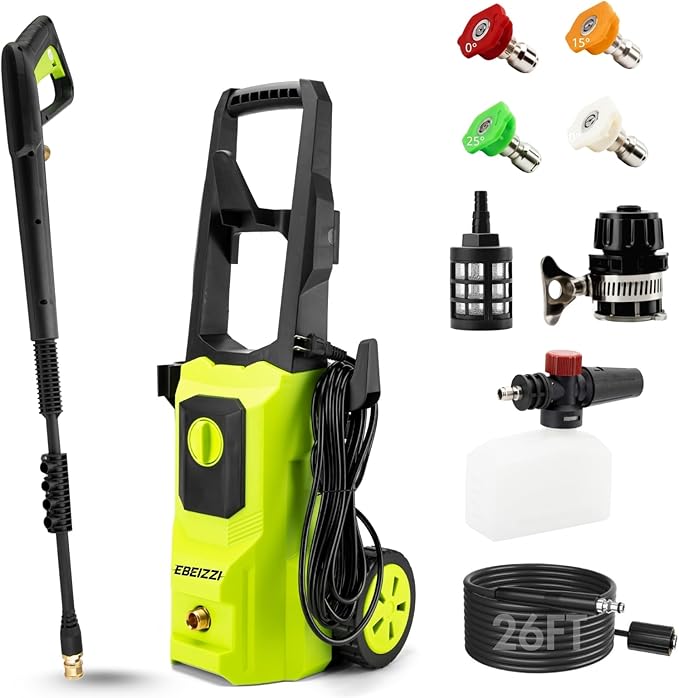 Pressure Washer Cleaner with 4 Nozzles & Foam Cannon for Driveways, Cars, Fences, Decks, Patios, and Outdoor Cleaning (Green)