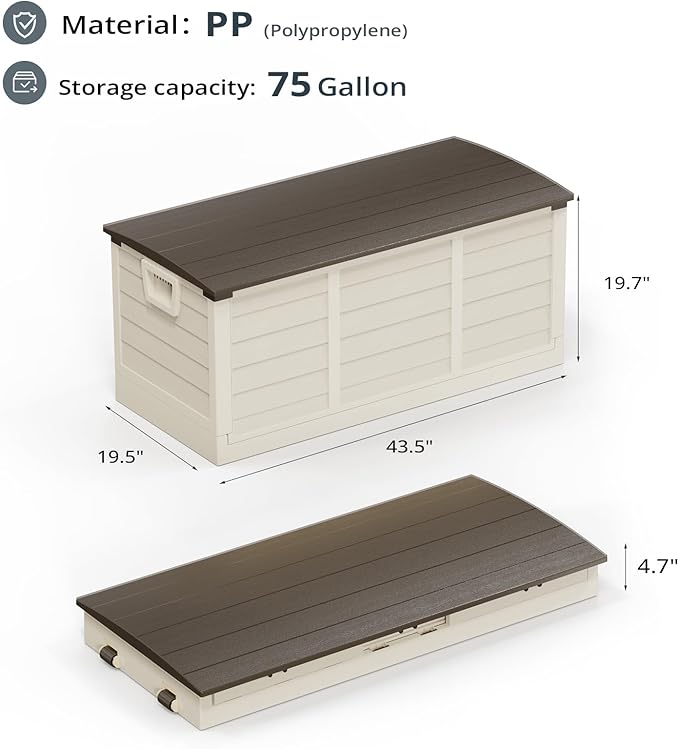 Outvita Foldable 75 Gallon Outdoor Storage Box, Plastic Storage Containers with Lid, Patio Deck Box Furniture for Garden, Pool, Balcony, Yard (Brown)