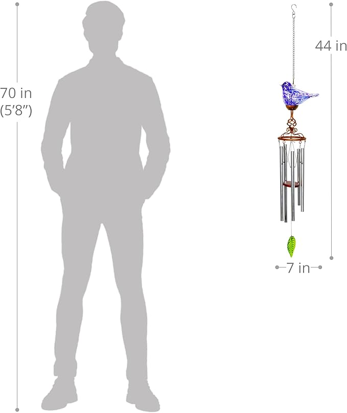 Wind Chimes, Solar Glass Bird Shape, LED, Outdoor Lawn and Patio Glass and Metal Decoration, 7 x 4 x 44 Inches (Dark Blue)