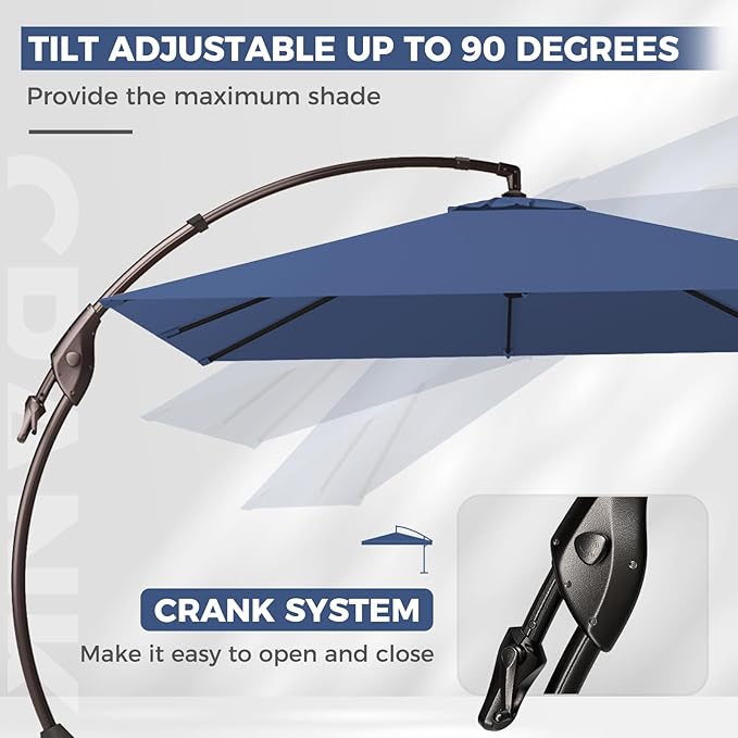 Grand patio 10x10 FT Patio Offset Umbrella, Large Square Aluminum Cantilever Umbrella Base Included for Deck Porch (Navy Blue, 10x10 FT)