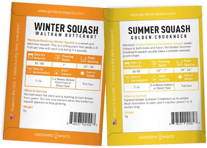 Gardeners Basics, Squash Seeds for Planting 5 Individual Packets - Zucchini, Delicata, Butternut, Spaghetti and Golden Crookneck for Your Non GMO Heirloom Vegetable Garden