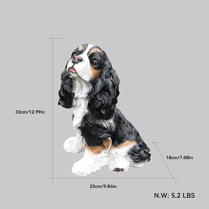 Cavalier King Charles Spaniel Statue Outdoor Decorations – Outdoor Dog Statue Black and White Cavalier King Charles Spaniel with Replaceable Solar Light & Welcome Sign for Lawn Décor