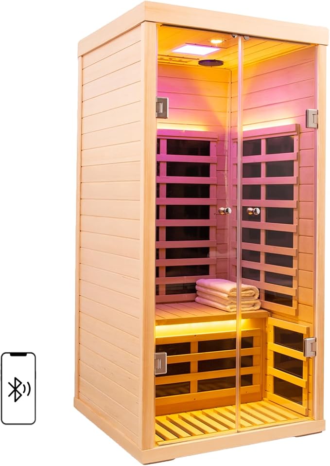 1 Person Infrared Sauna for Home Deluxe Transparent Large Glass Hemlock Wood Low EMF FAR Infrared Sauna, 1420 watts 7 Heating Panels Indoor Personal Saunas with Blue-Tooth, LCD Display