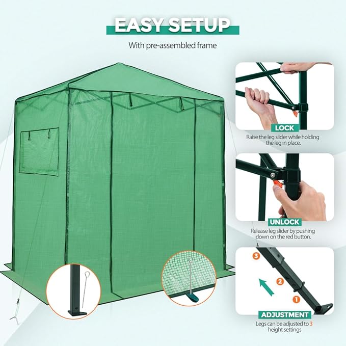 EAGLE PEAK Instant Pop-up Greenhouse, Indoor Outdoor Plant Gardening Green House, Roll-Up Zipper Doors and Side Windows, Walk in 6x4 ft, PE Cover, Green/Clear