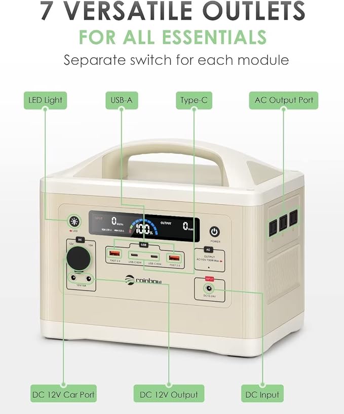RAINBOW Portable Power Station 700W, 537Wh Backup LiFePO4 Battery, 3 x 110V/700W(Peak 1400W) AC Outlets, Solar Generator for Outdoor Camping, Quick Charge for Home, Hiking
