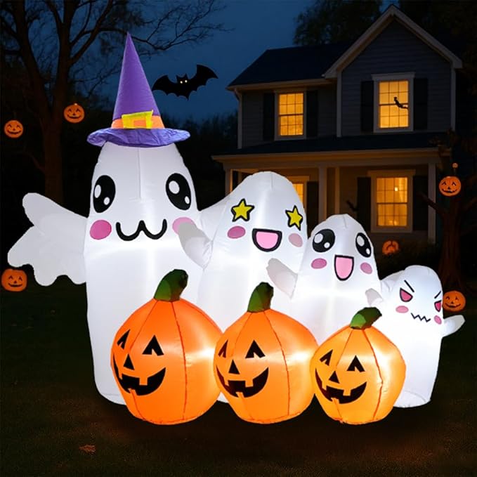 GARIG 7.2FT Halloween Inflatables Outdoor Decorations Ghost and Pumpkin Build-in LEDs Lights Blow Up Yard Decorations for Garden Lawn Indoor Party Holiday Decor