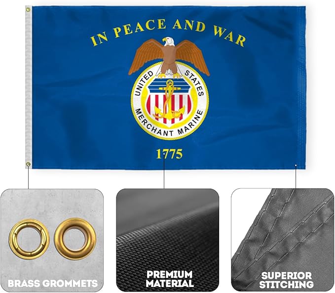AGAS Large United States Merchant Marines Flag 5x8 Ft - Printed 200D Nylon Canvas Header Two Brass Grommets Big USA Merchant Marines Flag