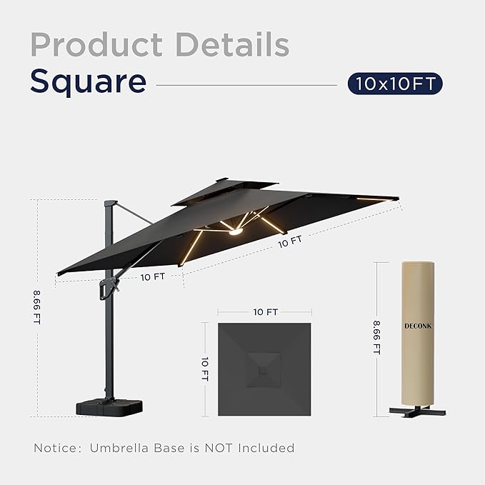 10x10 FT Cantilever Patio Umbrella with Led Lights Double Top Outdoor Square Heavy Duty Offset Umbrellas 360°Rotation Free-motion Track Tilt Windproof for Pool Deck Garden, Grey