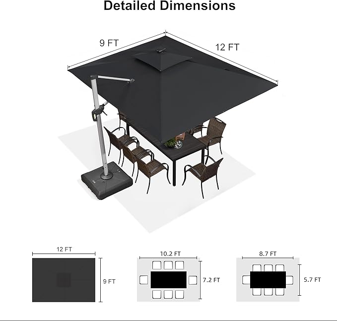 PURPLE LEAF 9' X 12' Solar Powered LED Rectangle Cantilever Umbrella With Base Patio Umbrellas Windproof Hanging Umbrella Outdoor Offset Umbrellas, Black
