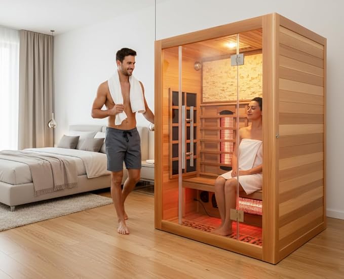 Full Spectrum Infrared Sauna, 2 Person Home Sauna 120V 1750W, Indoor Dry Sauna with Himalayan Salt Panel and LCD Touch Control Panel