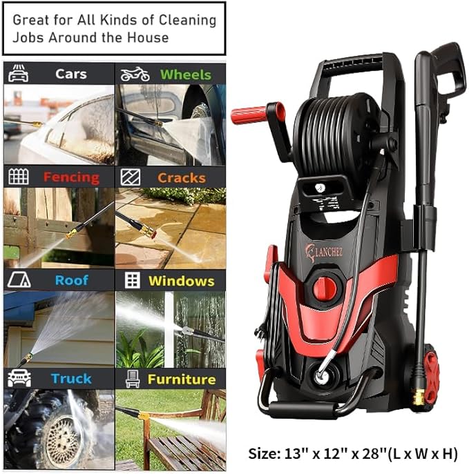 LANCHEZ Pressure Washer 4800PSI with 4 Quick Connect Nozzles, Inlet Hose & Filter&500ML Foam Cannon, Power Washer for Cars/Fences/Driveways/Patios/Home Cleaning (Red)