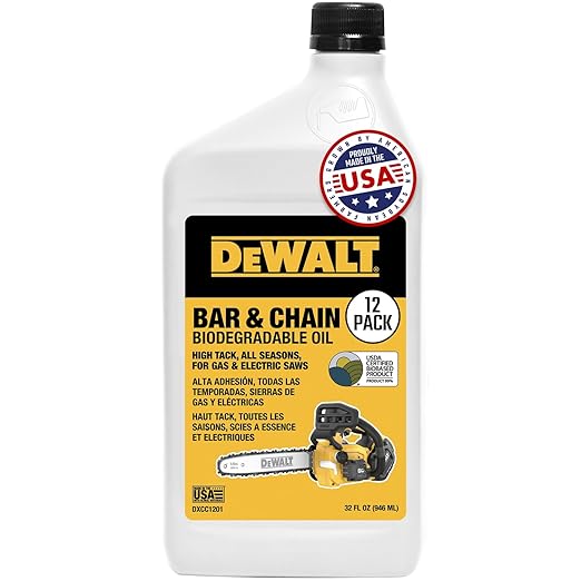 DEWALT – Biodegradable Bar & Chain Oil – Green, Eco-Friendly, Non-Toxic Professional Bar & Chainsaw Lubricant – Ultraclean All-Season Oil for Gas, Electric Saw, and Pole Saw, 32 oz (Case of 12)