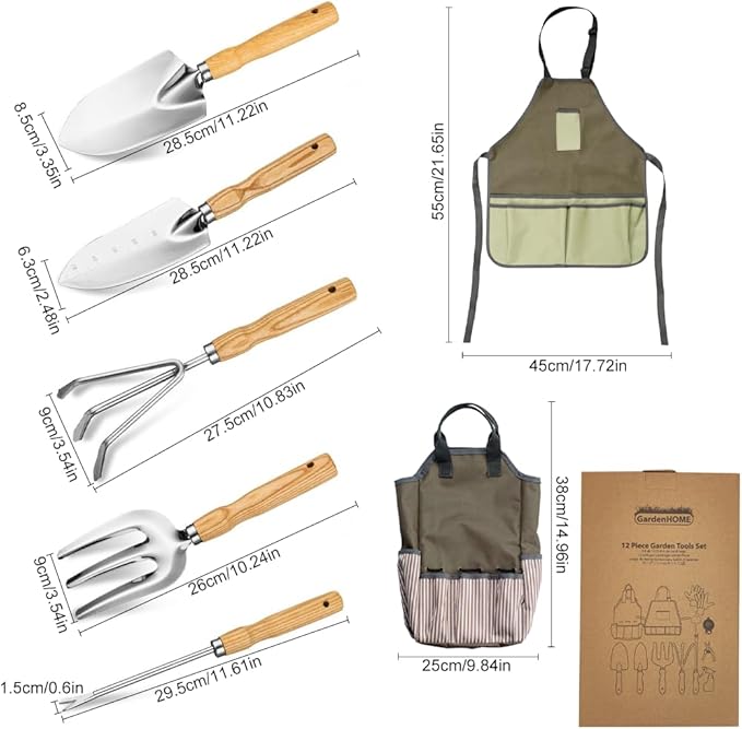 12-Piece Heavy Duty Stainless Steel Gardening Tools Kit with Storage Organizer Handbag & Tool Apron - All-in-One Premium Garden Gift Set for Women/Men