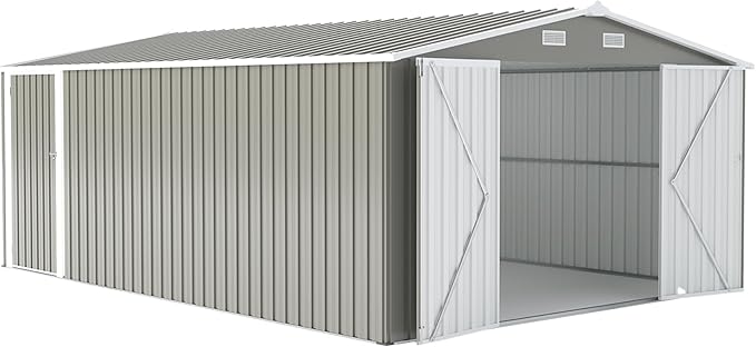 10x14 FT Outdoor Metal Storage Shed with Lockable Door, Steel Garden Utility Shed with Vents, Backyard Patio Tool Shed for Lawn Equipment, Bike, Firewood and Mower Storage, Light Gray