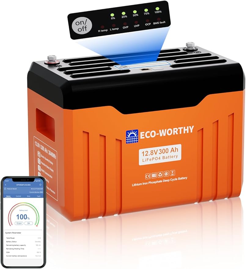 ECO-WORTHY 12V 300AH LiFePO4 Lithium Battery Bluetooth with SOC LEDs, Low Temp Protection, 3840WH, 200A BMS Up to 15000 Deep Cycle for Off-Grid, RV, Solar Power System, HomeBackup
