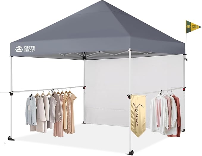 CROWN SHADES 10x10 Pop Up Canopy Tent with 1 Comercial Kit, Instant Commercial Tent with Patended Centerlock, 400D Silver Coated Fabric, 1 Sidewall, 4" Wheels, Sto'N Go Bag,Grey