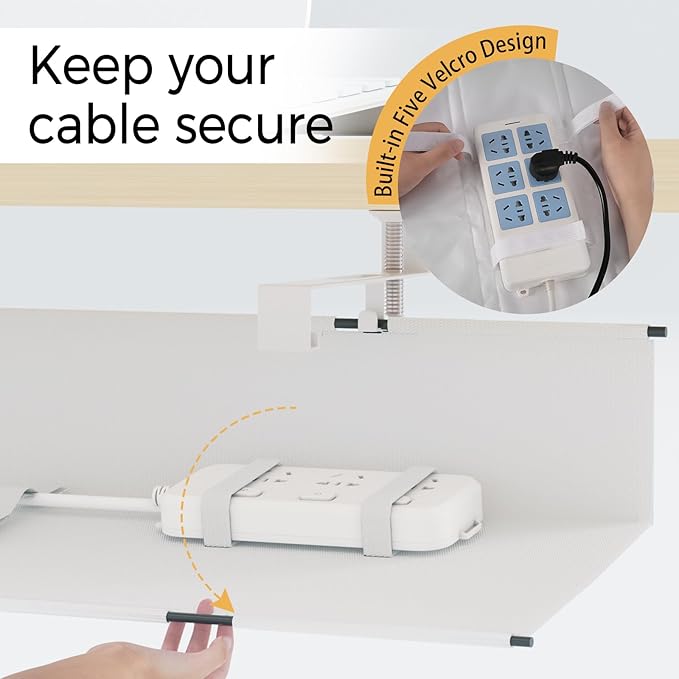 Under Desk Cable Management Tray 27.2" - No Drill Computer Wire Organizer Cable Tray, Fabric Cord Hider Clamp Mount, with 16X Cable Ties PC Cables Management Cord Holder for Office/Home (White)